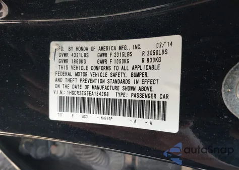 2014 Honda Accord Sport from USA, damaged, VIN 1HGCR2E55EA154368